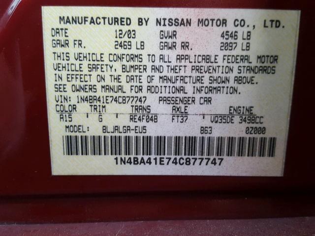 1N4BA41E74C877747 - 2004 NISSAN MAXIMA SE BURGUNDY photo 10