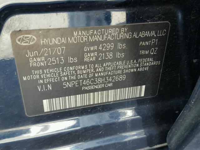 5NPET46C38H342689 - 2008 HYUNDAI SONATA GLS BLUE photo 10