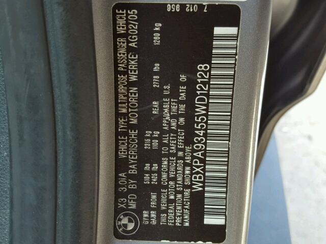WBXPA93455WD12128 - 2005 BMW X3 SILVER photo 10