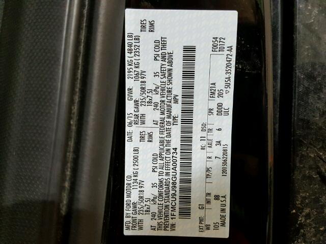 1FMCU9J98GUA00734 - 2016 FORD ESCAPE TIT BLUE photo 10