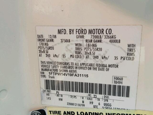 1FTPW14V19FA31115 - 2009 FORD F150 SUPER CREAM photo 10