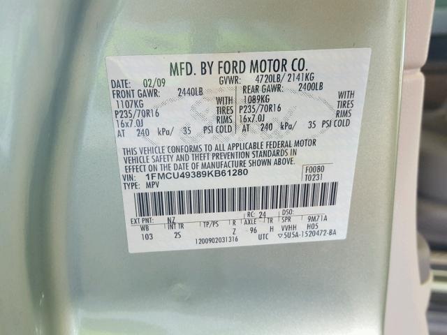 1FMCU49389KB61280 - 2009 FORD ESCAPE HYB GREEN photo 10