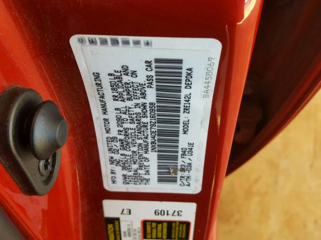 1NXBU40E79Z160958 - 2009 TOYOTA COROLLA BA RED photo 10