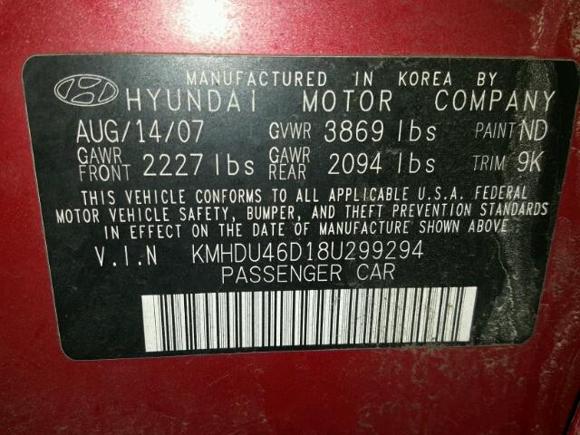 KMHDU46D18U299294 - 2008 HYUNDAI ELANTRA GL RED photo 10