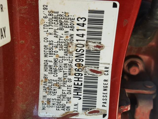 JHMEH9699NS014143 - 1992 HONDA CIVIC EX წითელი ფოტო 10