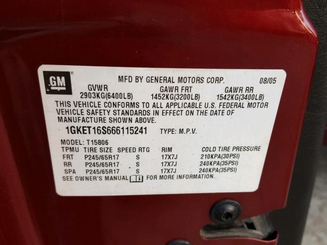 1GKET16S666115241 - 2006 GMC ENVOY XL RED photo 10