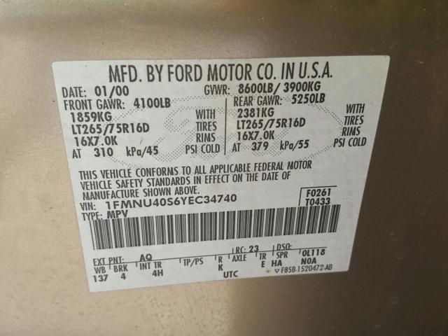 1FMNU40S6YEC34740 - 2000 FORD EXCURSION TAN photo 10