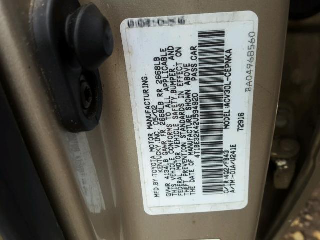 4T1BE32K42U594920 - 2002 TOYOTA CAMRY LE TAN photo 10