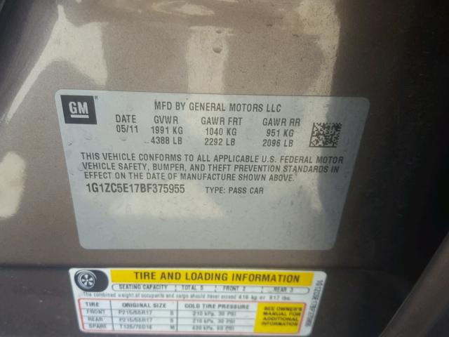 1G1ZC5E17BF375955 - 2011 CHEVROLET MALIBU 1LT 棕色 照片 10