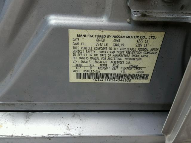 1N4AL21E18N544920 - 2008 NISSAN ALTIMA 2.5 SILVER photo 10