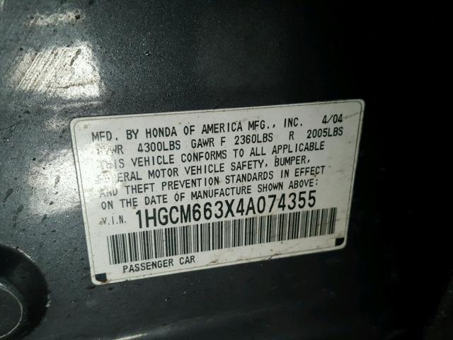 1HGCM663X4A074355 - 2004 HONDA ACCORD LX CHARCOAL photo 10