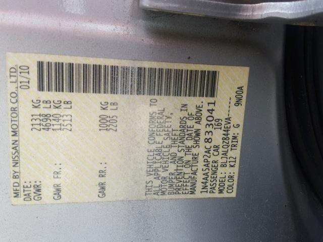 1N4AA5AP2AC833041 - 2010 NISSAN MAXIMA S SILVER photo 10