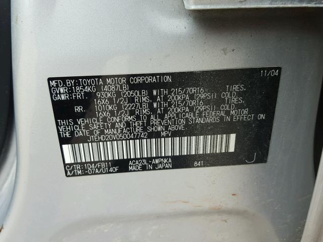 JTEHD20V050047742 - 2005 TOYOTA RAV4 SILVER photo 10