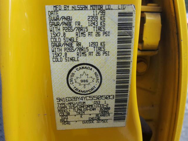 5N1ED28Y4YC550503 - 2000 NISSAN XTERRA XE YELLOW photo 10