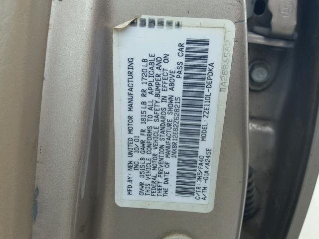 1NXBR12E82Z628215 - 2002 TOYOTA COROLLA CE BEIGE photo 10