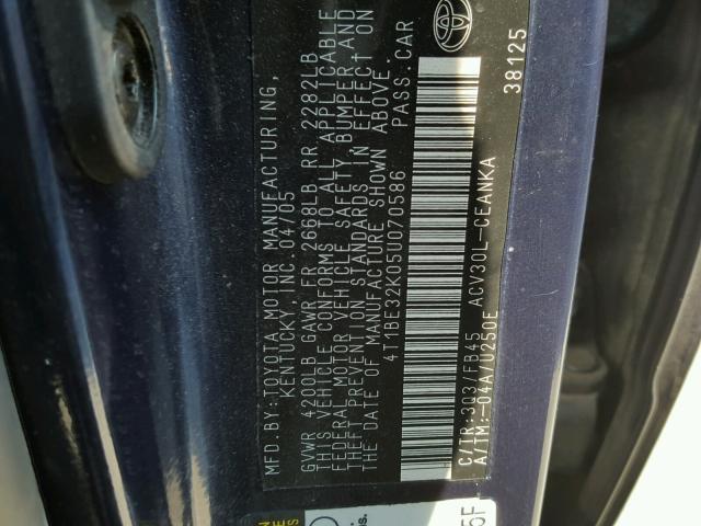 4T1BE32K05U070586 - 2005 TOYOTA CAMRY LE BLUE photo 10