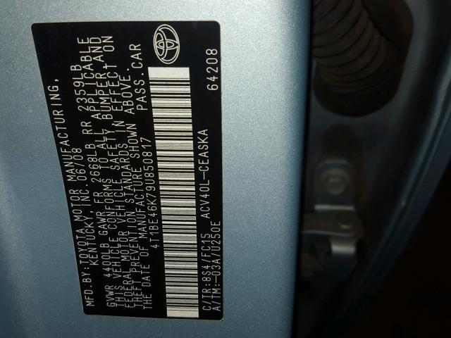 4T1BE46K79U850817 - 2009 TOYOTA CAMRY BASE BLUE photo 10