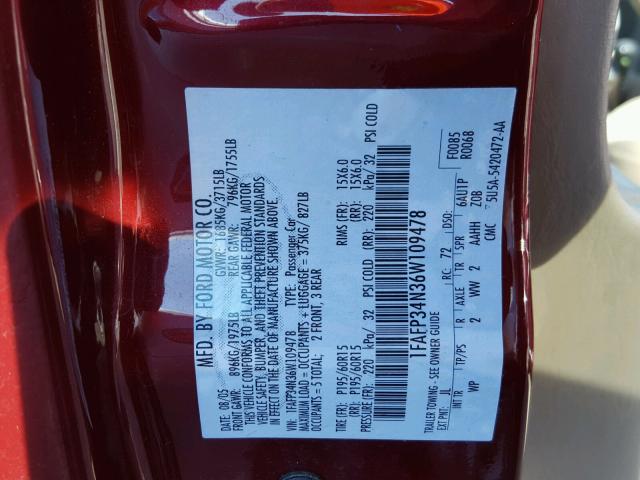 1FAFP34N36W109478 - 2006 FORD FOCUS ZX4 MAROON photo 10