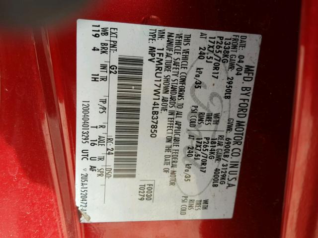 1FMRU17W14LB37850 - 2004 FORD EXPEDITION RED photo 10