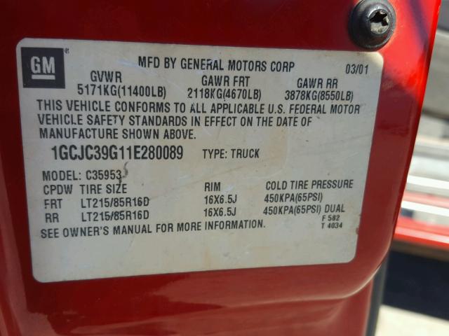 1GCJC39G11E280089 - 2001 CHEVROLET SILVERADO RED photo 10