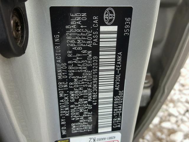 4T1BE30K96U162039 - 2006 TOYOTA CAMRY LE SILVER photo 10