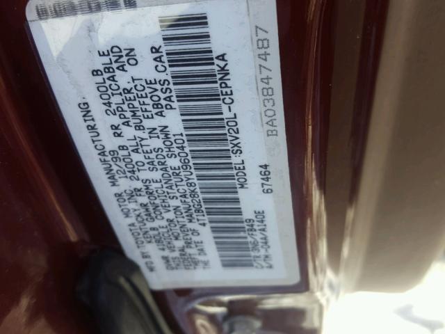 4T1BG28K8YU960401 - 2000 TOYOTA CAMRY CE BURGUNDY photo 10