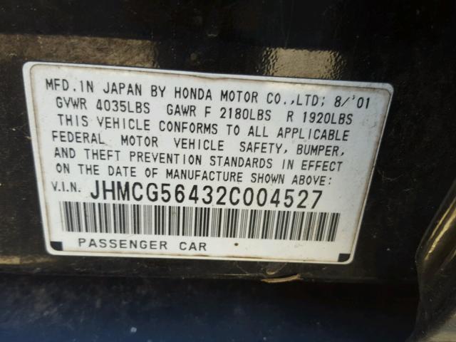 JHMCG56432C004527 - 2002 HONDA ACCORD LX BLACK photo 10