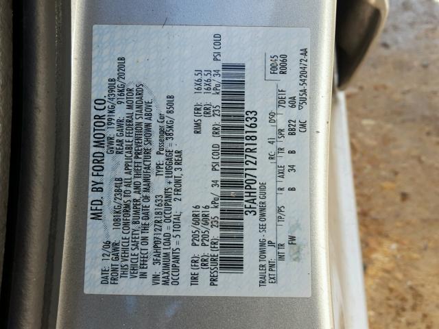 3FAHP07127R181633 - 2007 FORD FUSION SE TAN photo 10