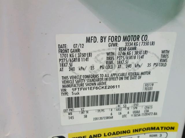 1FTFW1EF6CKE20611 - 2012 FORD F150 SUPER WHITE photo 10