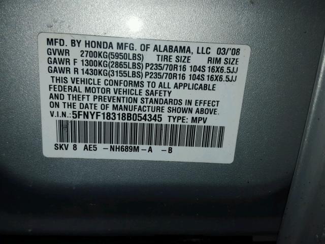 5FNYF18318B054345 - 2008 HONDA PILOT SE SILVER photo 10