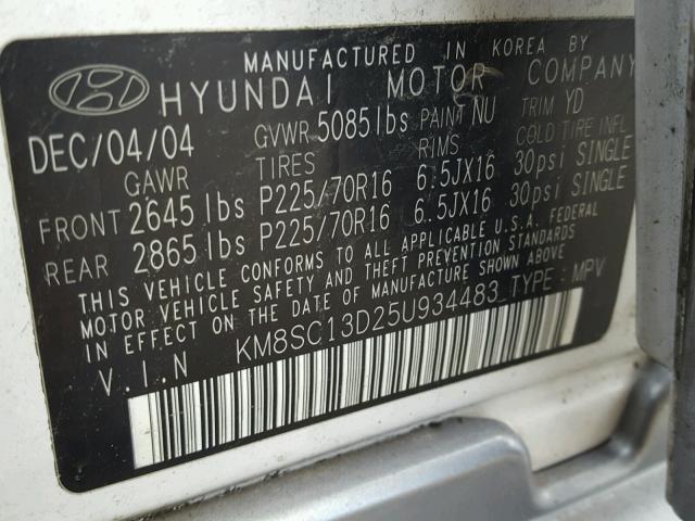 KM8SC13D25U934483 - 2005 HYUNDAI SANTA FE G WHITE photo 10