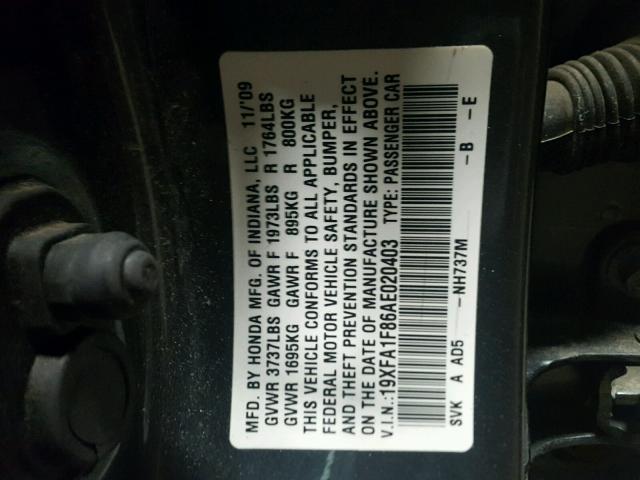 19XFA1F86AE020403 - 2010 HONDA CIVIC EX GRAY photo 10