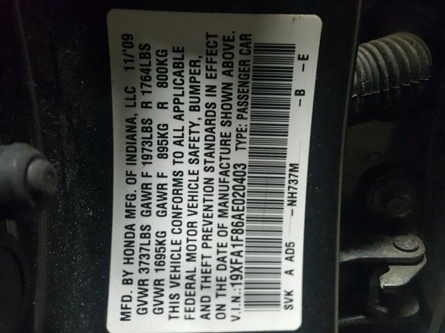 19XFA1F86AE020403 - 2010 HONDA CIVIC EX GRAY photo 7