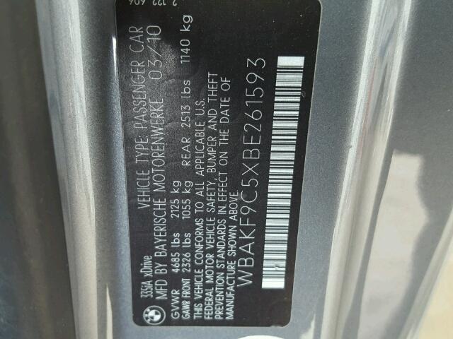 WBAKF9C5XBE261593 - 2011 BMW 335 XI GRAY photo 10