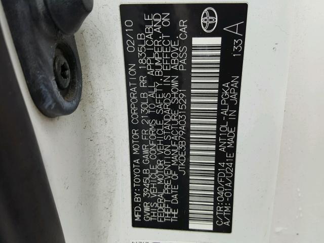 JTKDE3B79A0315291 - 2010 TOYOTA SCION TC 白色 照片 10