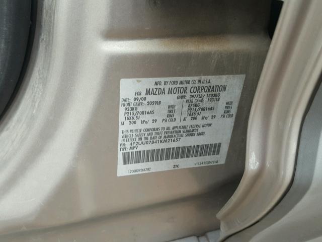 4F2UU07B41KM21657 - 2001 MAZDA TRIBUTE DX 米色 照片 10