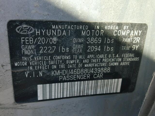 KMHDU46D88U439888 - 2008 HYUNDAI ELANTRA GL SILVER photo 10