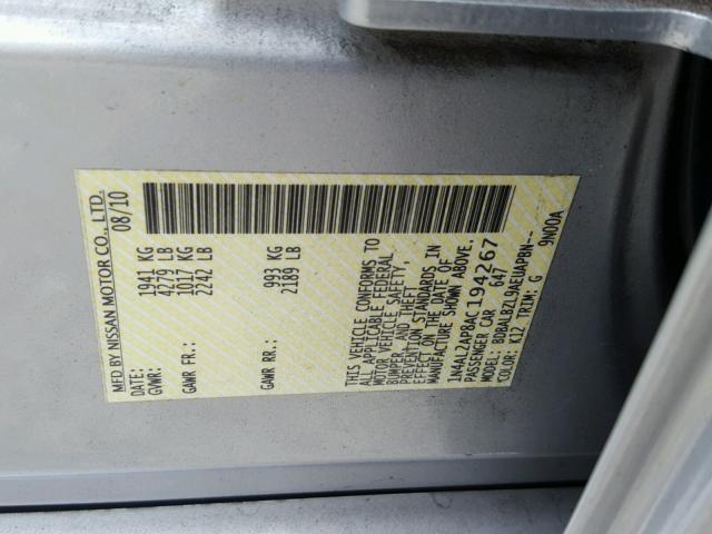 1N4AL2AP8AC194267 - 2010 NISSAN ALTIMA BAS SILVER photo 10