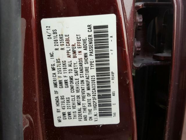 1HGCP3F82CA030625 - 2012 HONDA ACCORD EXL MAROON photo 10