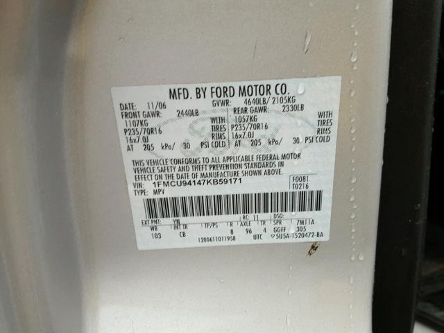 1FMCU94147KB59171 - 2007 FORD ESCAPE LIM SILVER photo 10