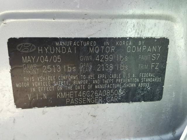 KMHET46C26A085086 - 2006 HYUNDAI SONATA GL SILVER photo 10