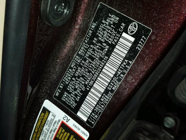 4T1BK3DB8CU466316 - 2012 TOYOTA AVALON BAS MAROON photo 10