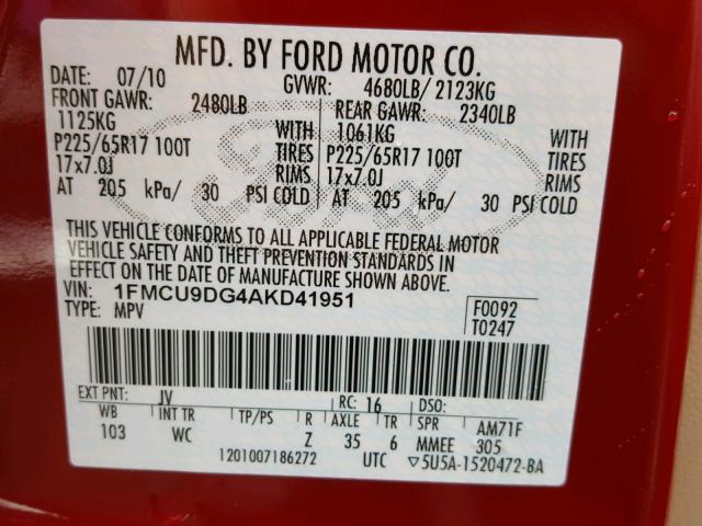 1FMCU9DG4AKD41951 - 2010 FORD ESCAPE XLT RED photo 10