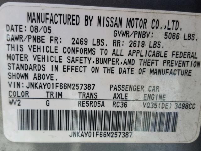 JNKAY01F66M257387 - 2006 INFINITI M35 BASE GRAY photo 10