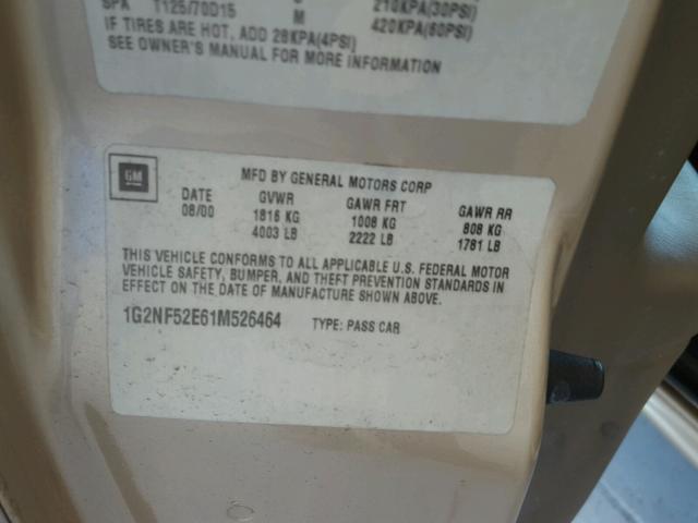 1G2NF52E61M526464 - 2001 PONTIAC GRAND AM S GOLD photo 10