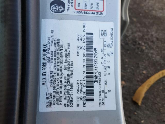 3FAHP07Z48R124549 - 2008 FORD FUSION SE BEIGE photo 10