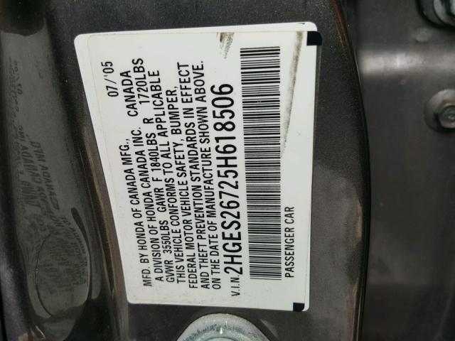 2HGES26725H618506 - 2005 HONDA CIVIC EX GRAY photo 10