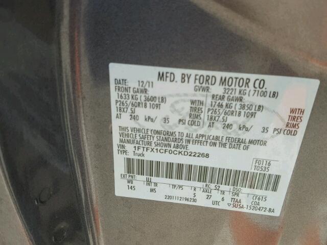 1FTFX1CF0CKD22268 - 2012 FORD F150 SUPER GRAY photo 10