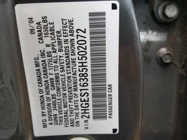 2HGES16385H502072 - 2005 HONDA CIVIC DX V CHARCOAL photo 10