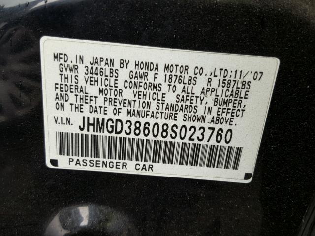 JHMGD38608S023760 - 2008 HONDA FIT SPORT BLACK photo 10